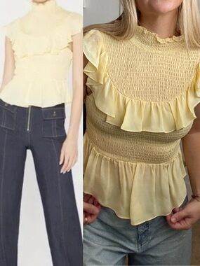 Cinq à Sept Josie Ruffle Smocked Silk Top Morning Light Workwear Butter Yellow